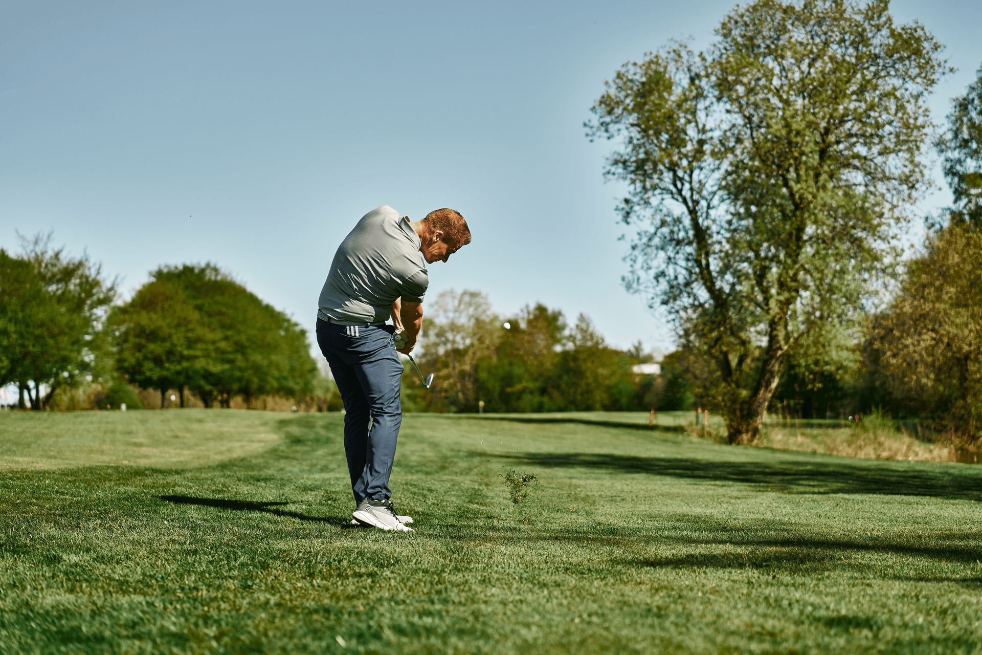 Golfer beim Abschlag auf grünem Platz mit Bäumen